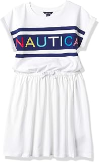 Nautica Girls' Short Sleeve Jersey Tee Dress with Elastic Cinched Waist, Fun Designs & Colors