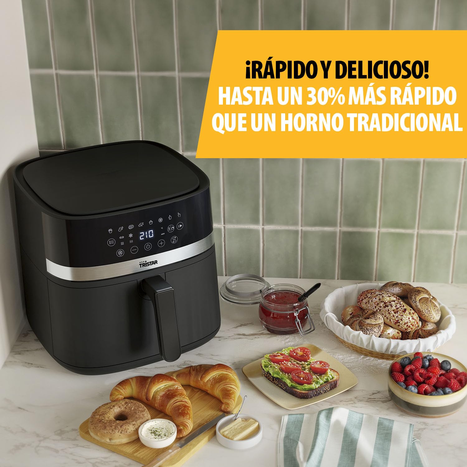 Tristar Freidora de Aire Digital, 8L Capacidad, 2000W, Pantalla LED Táctil, 7 Programas + Manual, Función Precalentar y Mantener Caliente, Aviso de Agitación, Recubrimiento Antiadherente, FR-9418
