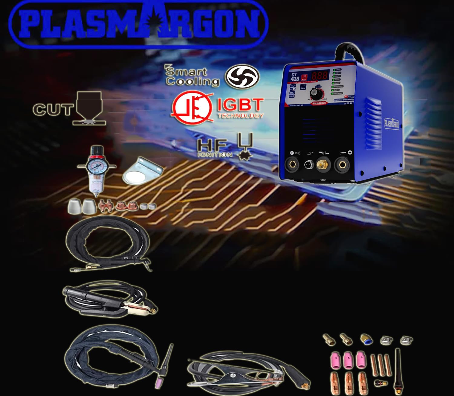 Poste à souder 3 en 1 - Découpeur à plasma WIG - Soudeur MMA à onduleur - Combinaison de soudage plasma TIG MMA | IGBT | Affichage LCD numérique | Allumage HF CT418P