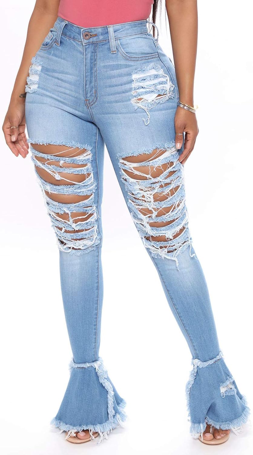 BestGirl Women's Bell Bottom Jeans Destoryed Ripped Flare Jeans Elastic Waist Raw Hem Denim Pants