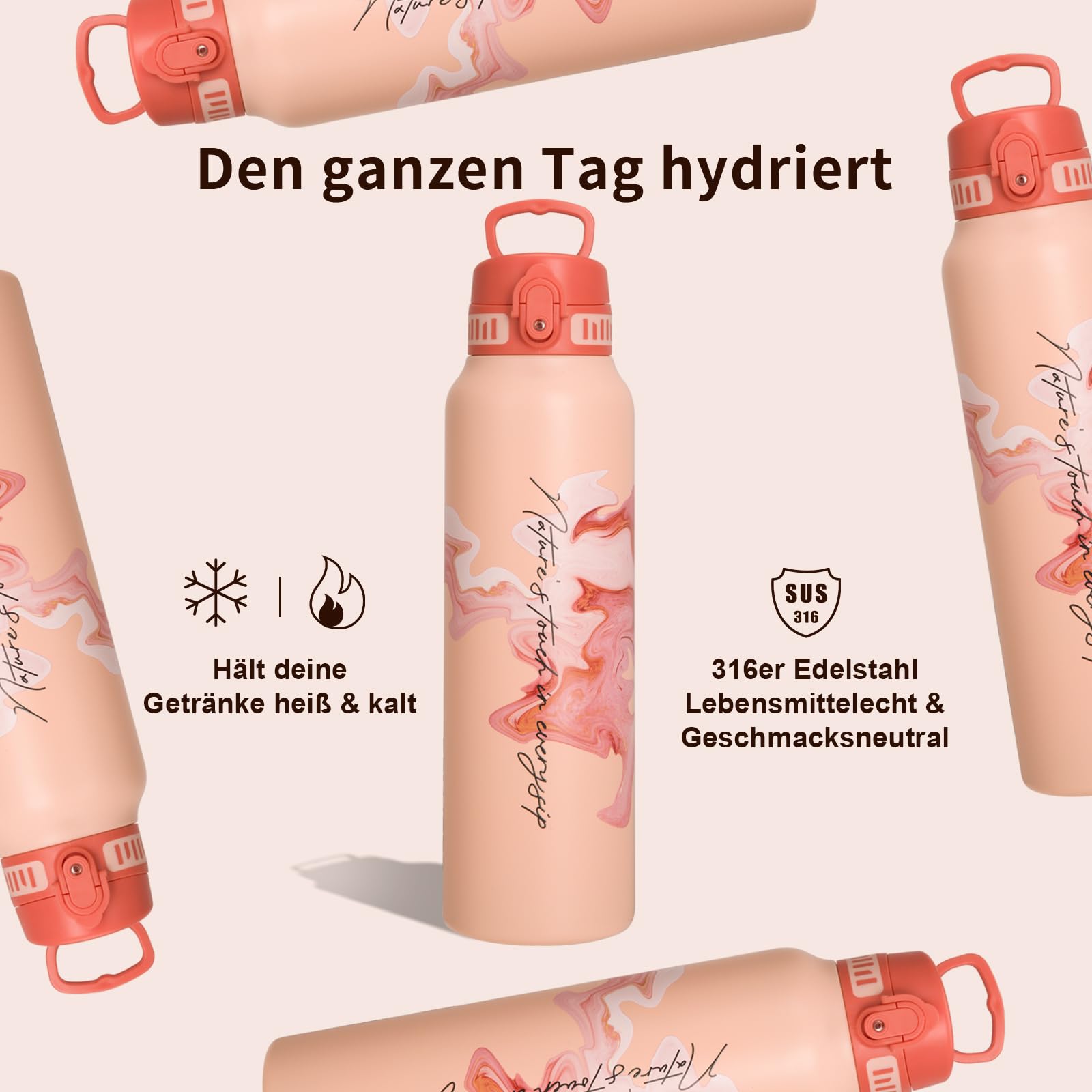 UZSPACE Borraccia in acciaio inox 1 l (970 ml), isolata con coperchio, apertura a 1 clic, a prova di perdite, per escursioni, sport, fitness, palestra, attività all'aperto