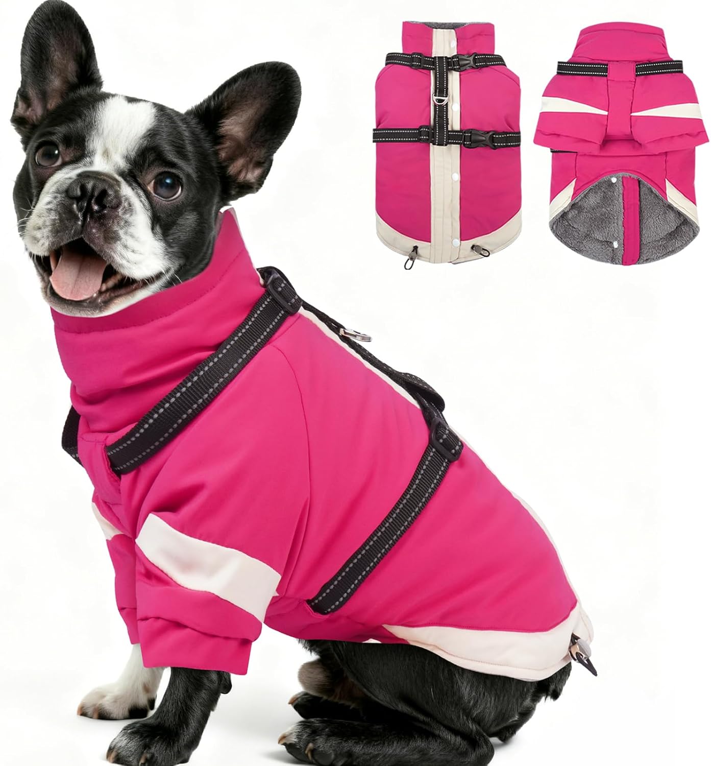 MIGOHI Ultra Thick Dog Jacket,Reflective Medium Dog Coat with Harness Built in,Warm Pet Winter Coat Zip Up Puffer Jacket with Furry Collar for Medium Dogs with Legs Outdoor Adventure,L,Rosered