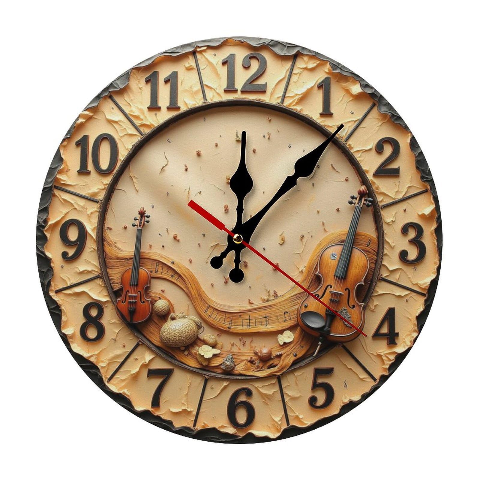 Sculpted Clock Violins Musical Pathway 2D 12 Inch Silent Wall Clock, Frameless Wooden Round Clock with Quartz Movement for Bathroom, Kitchen, Living Room, Bedroom