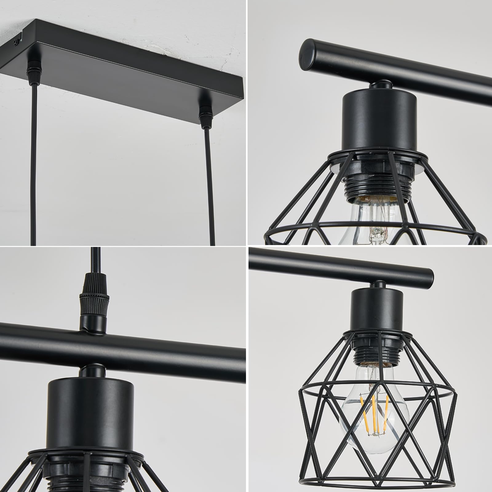 Lampadario a Sospensione Vintage Industriale, 4 Luci Lampada da Soffitto in Metallo E27, Lampada a Sospensione Retrò per Cucina a Isola e Tavolo da Pranzo, Nero, 75 x 13 x 140 cm