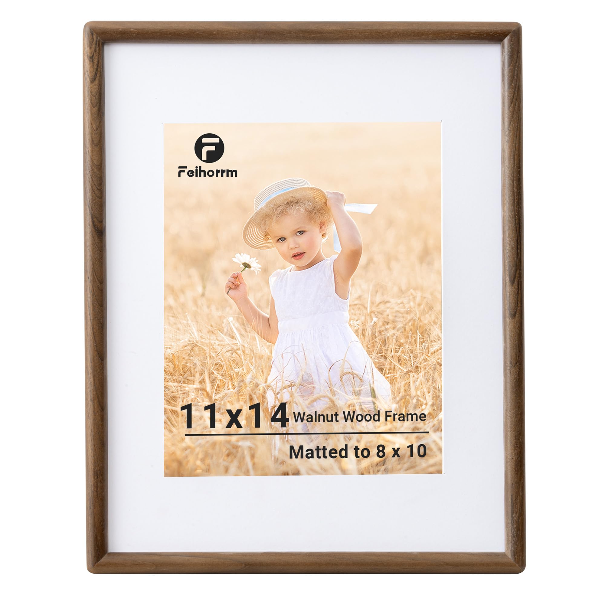 Feihorrm 11x14 Picture Frame, Walnut Solid Wood Photo Frame, 11 x 14 inch Frame, 11x14 Frame Matted to 8x10 Photos, Handcrafted Rounded Corners with HD Tempered Glass, Wall Mount Display