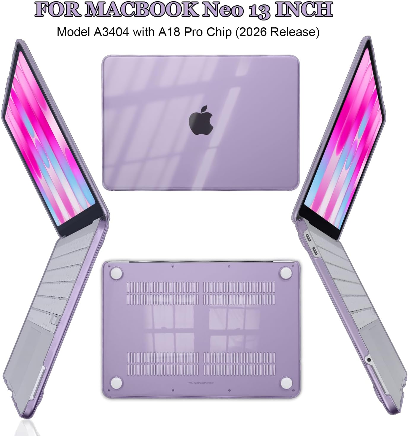 Laptop Case for 2026 MacBook Neo 13 Inch A18 Pro A3404 | Ultra-Thin Anti-Scratch Hard Shell with Keyboard Cover, Screen Protector, Silicone Dust Plugs & Webcam Privacy Cover | Crystal Purple