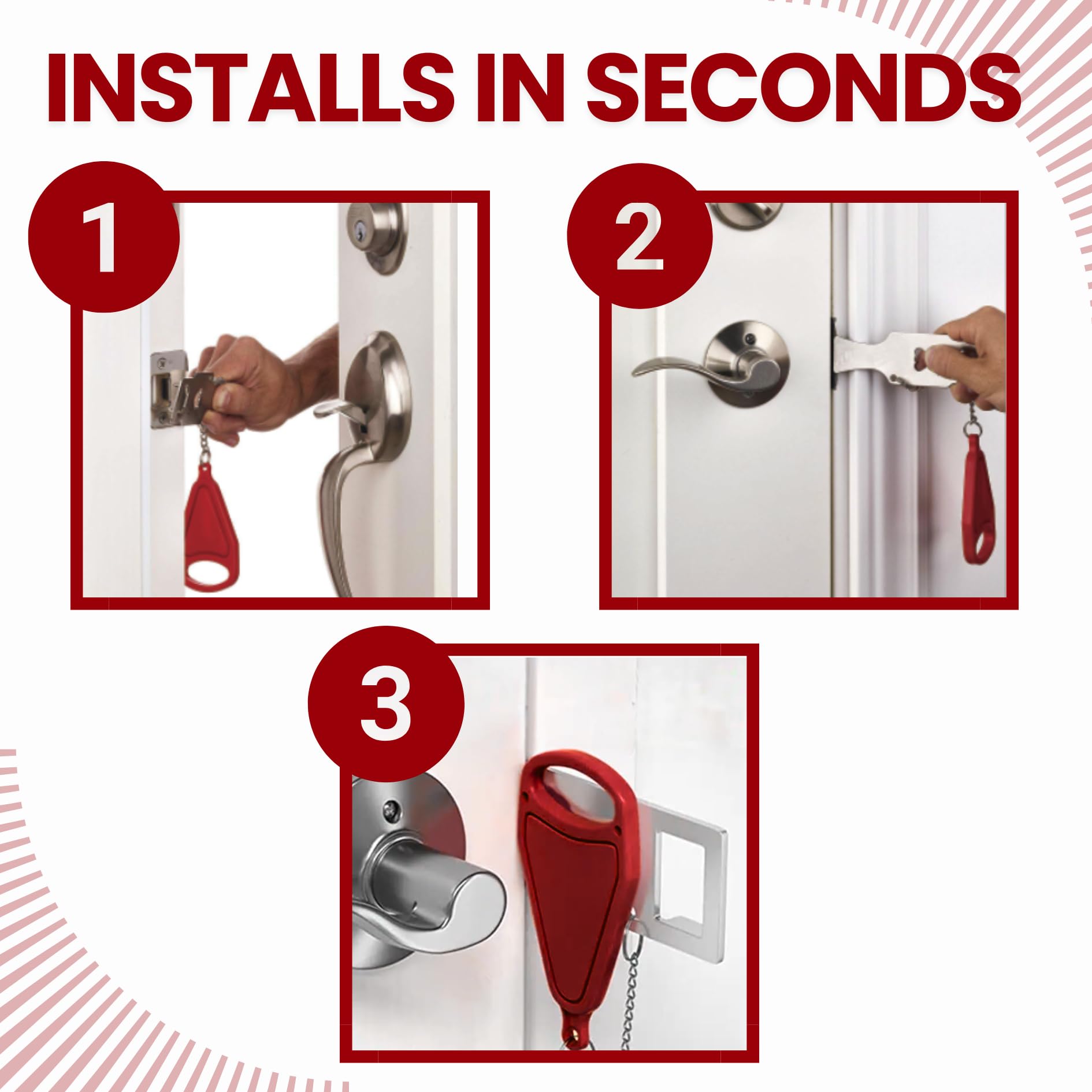 Juego de cerradura de puerta portátil + alarma de tope de puerta - Kit de seguridad de viaje para habitaciones de hotel, hogar, dormitorios y apartamentos - PocketLock (rojo, cerradura + alarma)