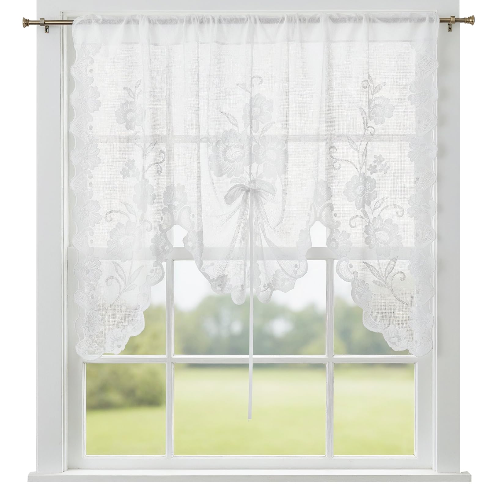 Larrel White Semi-Sheer Floral Lace Curtain, Hollow Knitted Valances for Windows, Short Embroidery Window Valances for Kitchen, Half Window, Bathroom, Bedroom, Living Room and Cafe Decoration