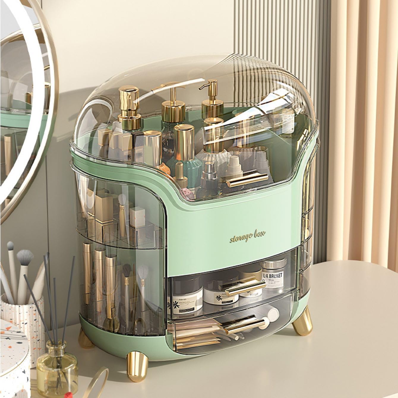 Portable Light Luxury Series Multi-Function Make Up Organizer,Dust Water Proof with Drawer and Lid, Large Capacity for Bathroom, Dresser,Countertop,Bedroom, Green and White (White)