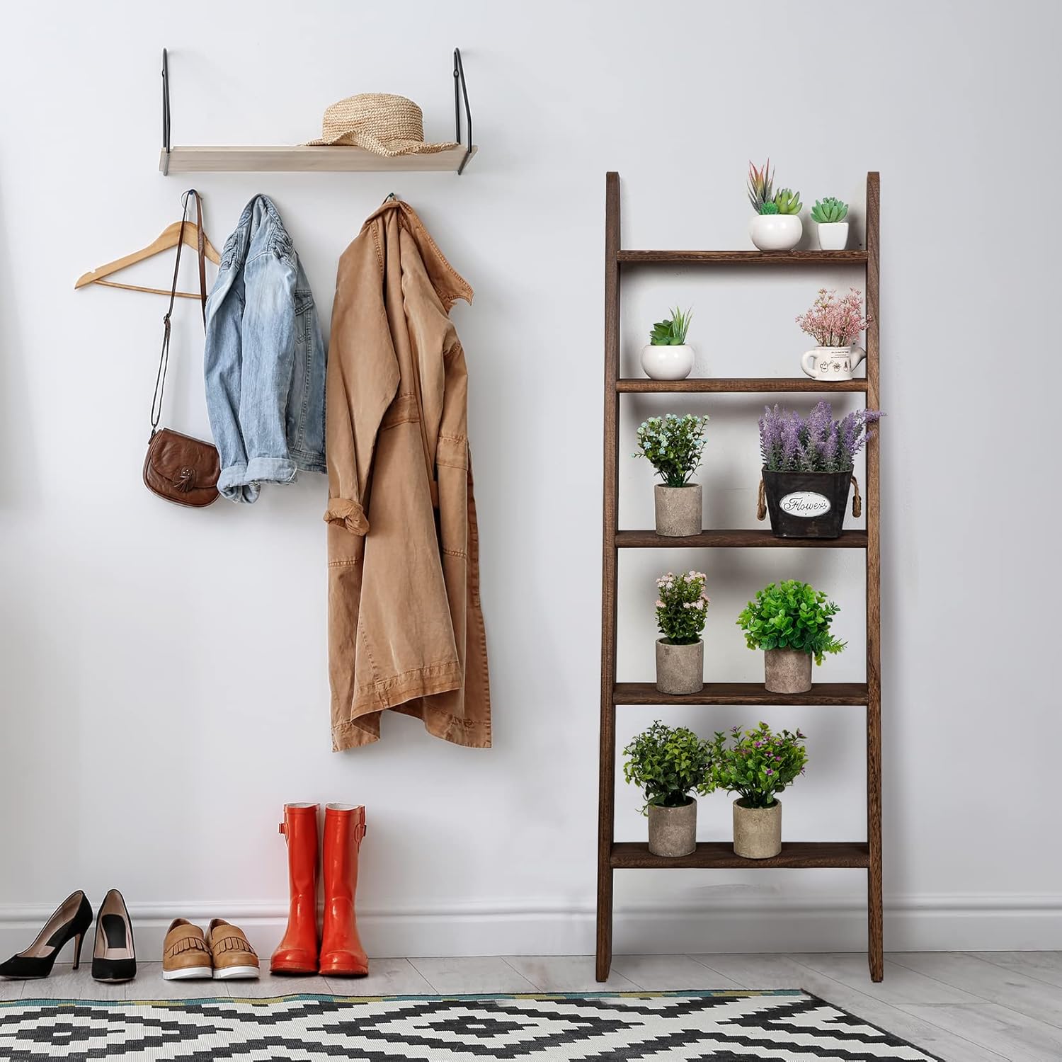 Rustic 5-Tier Wall-Leaning Wood Loadder Towel Racks for Bathroom Livingroom Kithen Office Woden Farmhouse Ladder-Style Blanket Rack Multipurpose Organizer Rack for Home (Brown)