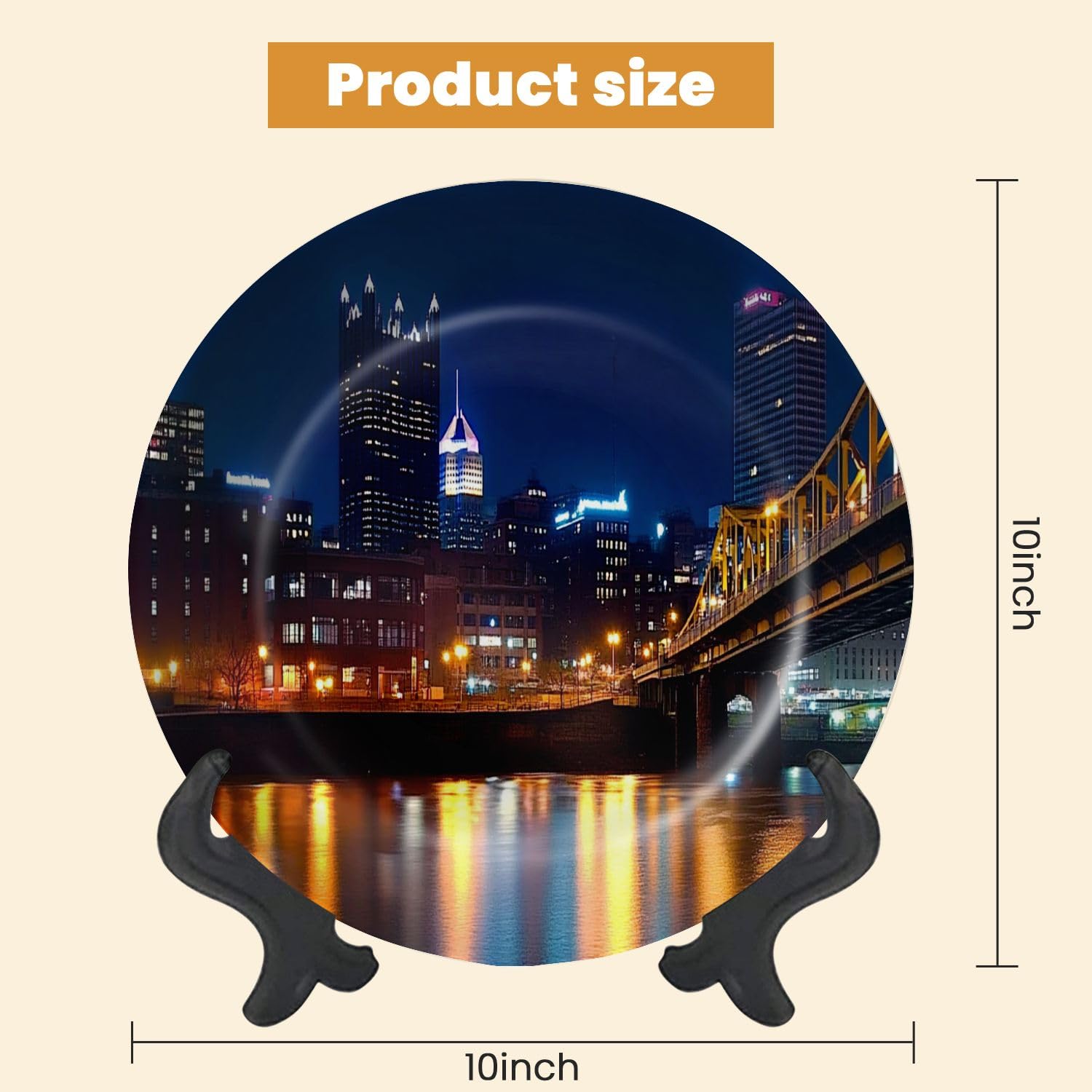 Decorative Plates for Display Pittsburgh Skyline Night Gift Plates Ceramic Collections Plates Hanging Artwork for Living Dining Room Kitchen Souvenir