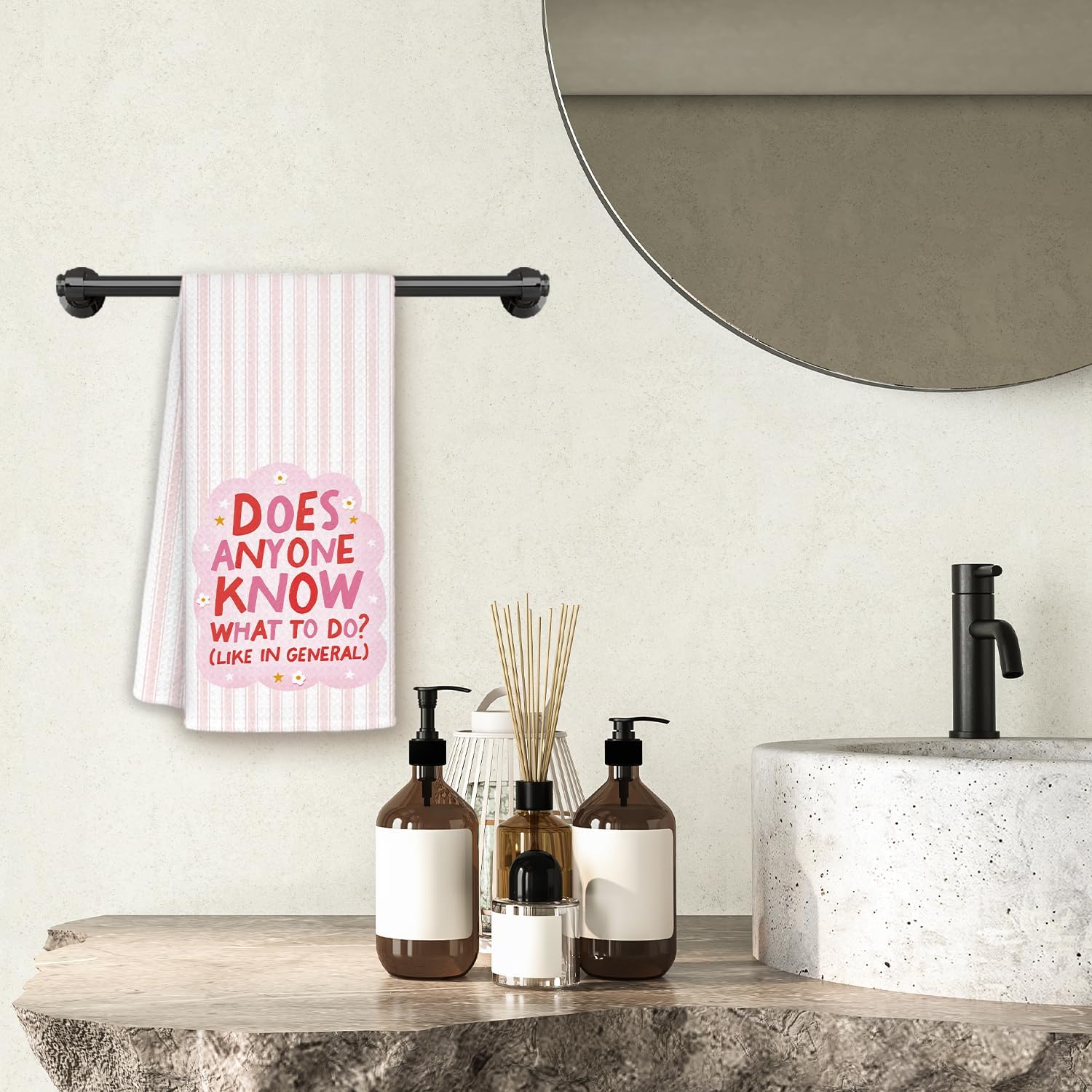 KEUSPI Pink Mental Health Kitchen Towels, Anxiety Gifts for Women, Does Anyone Know What to Do Funny Striped Decorative Hand Dish Tea Towels for Kitchen Bathroom, 16x24 Inch image 3