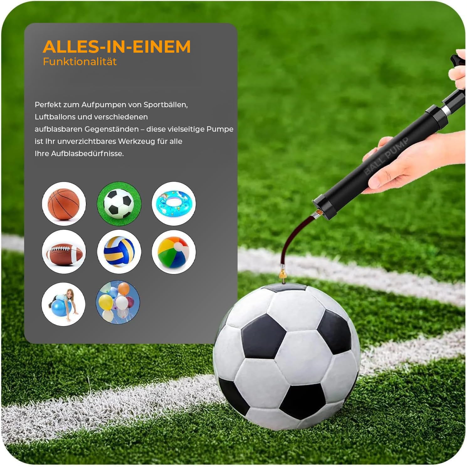 Active 100 Ballpumpe mit Nadel - Ballpumpe fußball mit Düse und Verlängerungsschlauch, ergonomisches Design, Rohr aus Aluminiumlegierung, luftpumpe für Fußball, Basketball, Volleyball, Rugby - 2