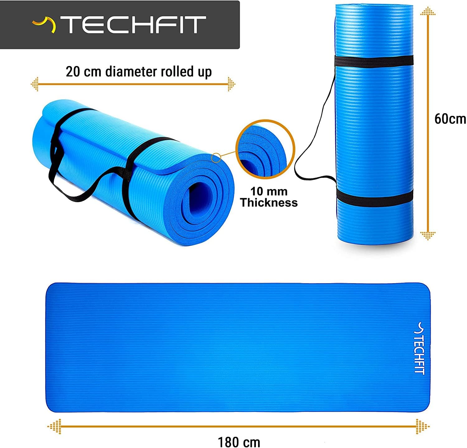 TechFit Fitness Tappetino Yoga Professionale - Ideale per Palestra in Casa, Esercizi del Pavimento, Campeggio, Stretching, Pilates 10 e 15 mm