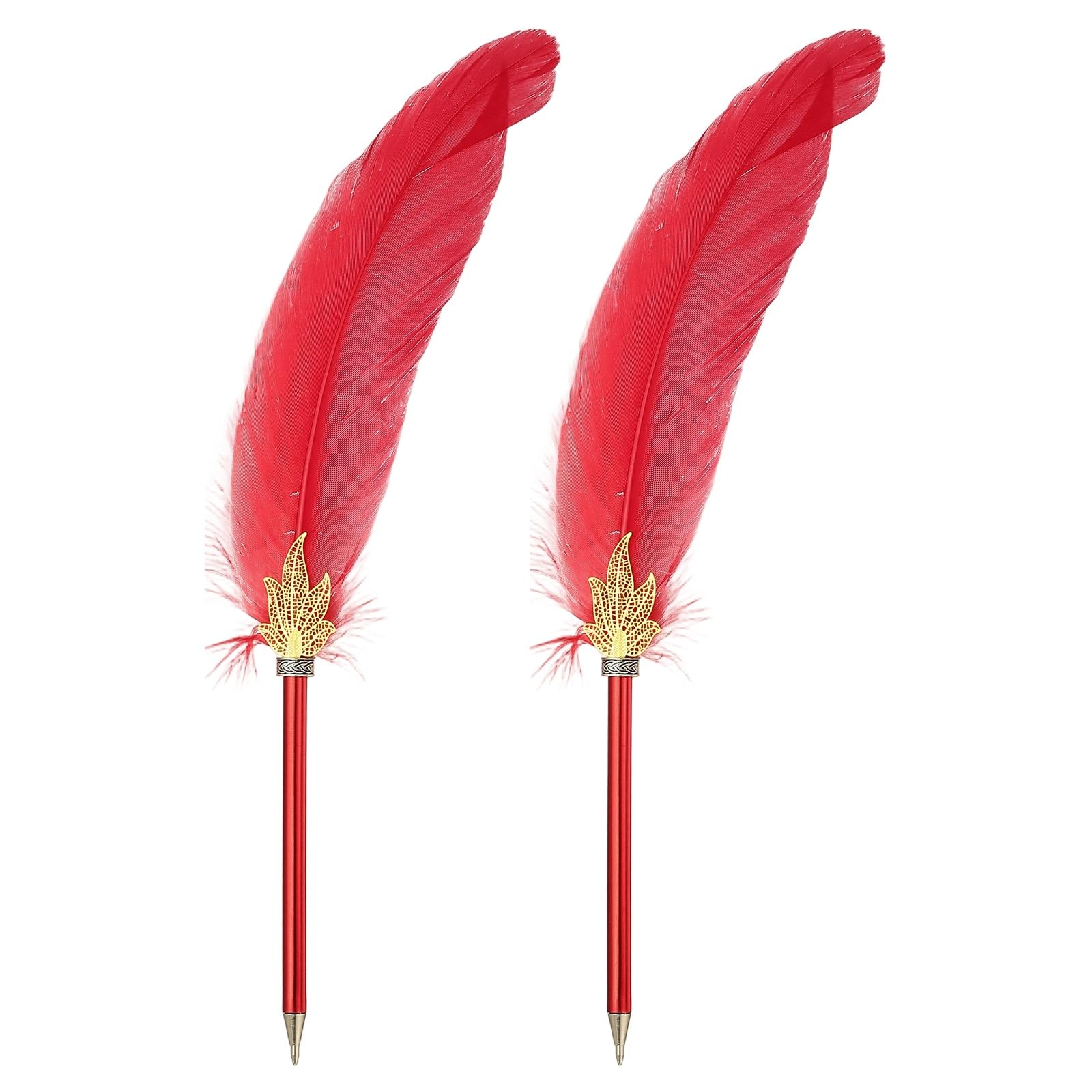 PATIKIL Feather Ballpoint Pens Bulk, 2Pcs Black Ink Vintage Plated Rod Quill Writing Pens for Office Wedding Guest Signature Gift, Red