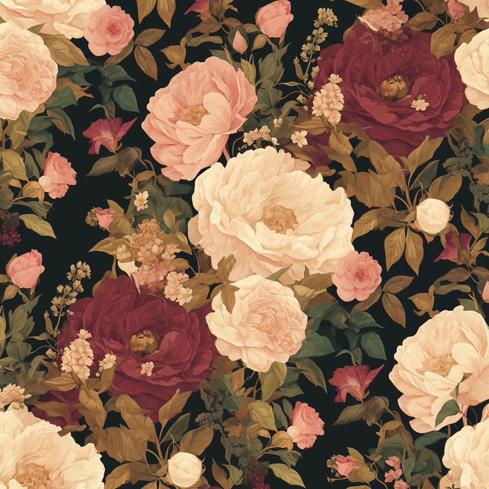 JIAOQSS Peel and Stick Wallpaper Dark Black Pink Floral Stick on Wallpaper Plum Floral Peony Flowers Vinyl Renter Friendly Wallpaper Waterproof DIY Furniture Sticker for Bedroom Living Room