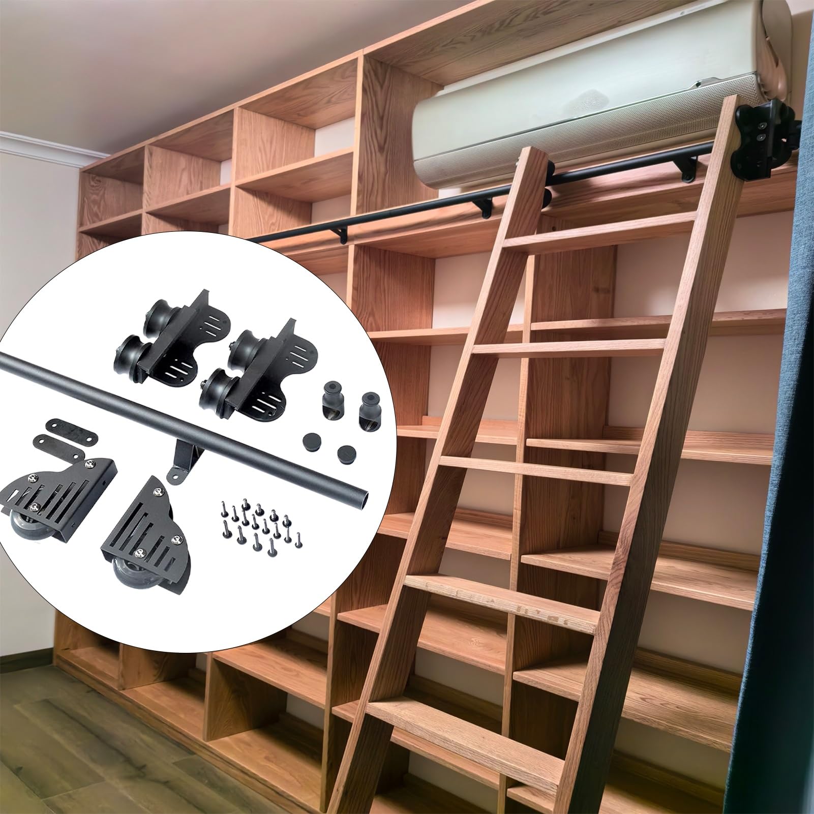 Kit d'échelle roulante avec rail mobile et roulettes pour bibliothèque et bureau