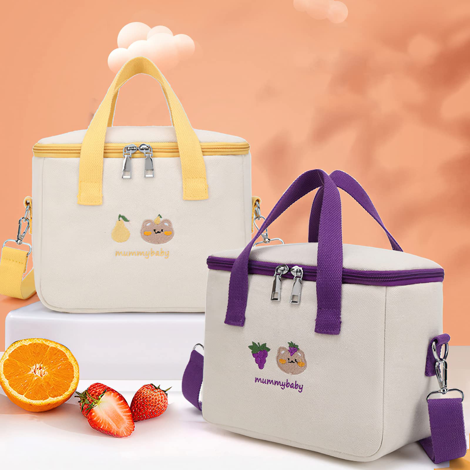 Borsa Termica Per Pranzo LaurelTree Con Strisce E Orsetti – Modello Kawaii Estetico, Impermeabile E Isolata, Ideale Per Scuola Ufficio E Picnic, Bianco