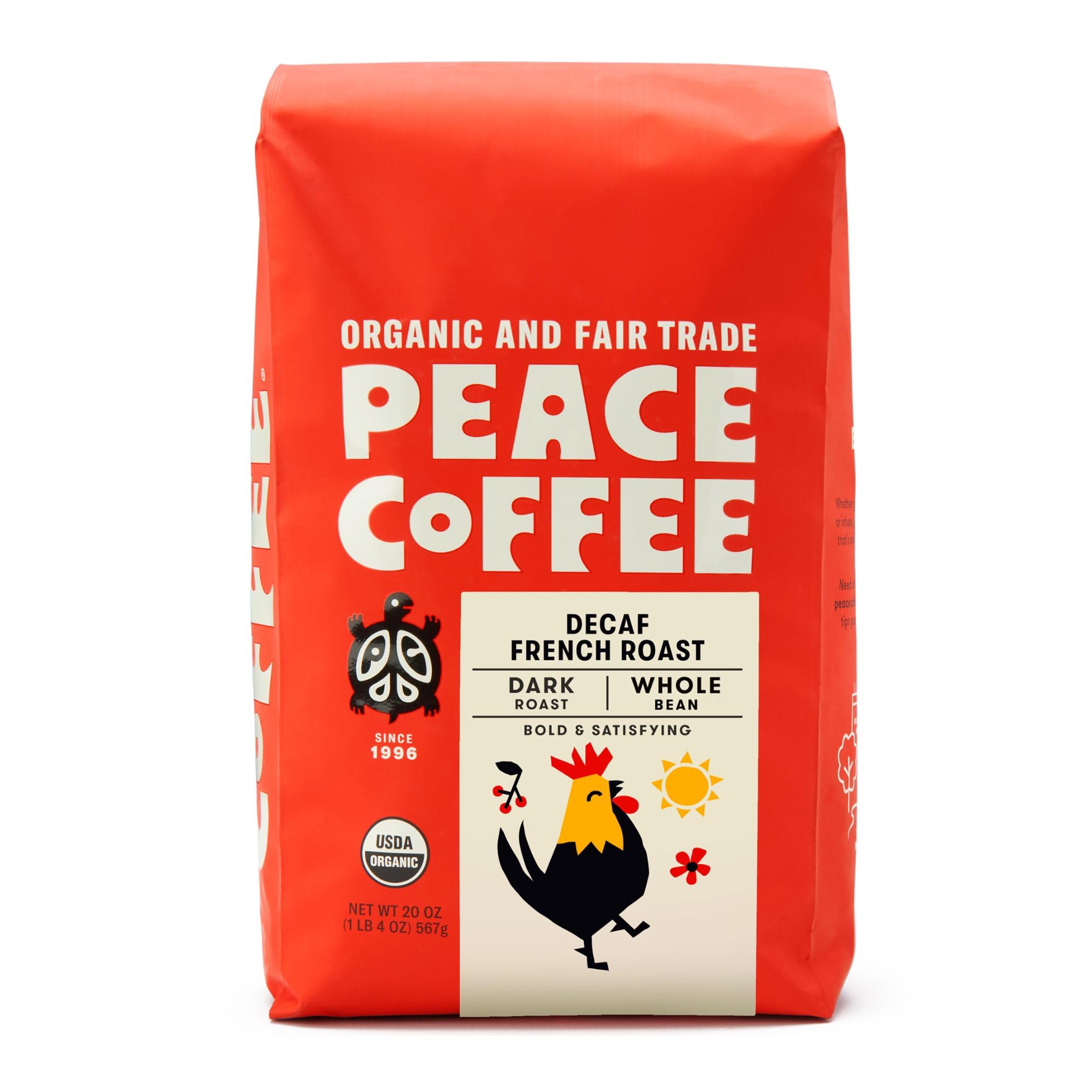 Peace Coffee Decaf French Roast | 20 oz Whole Bean Dark Roast | Organic Fair Trade | Rich, Bold Flavor | Shade Grown, Fresh Roasted