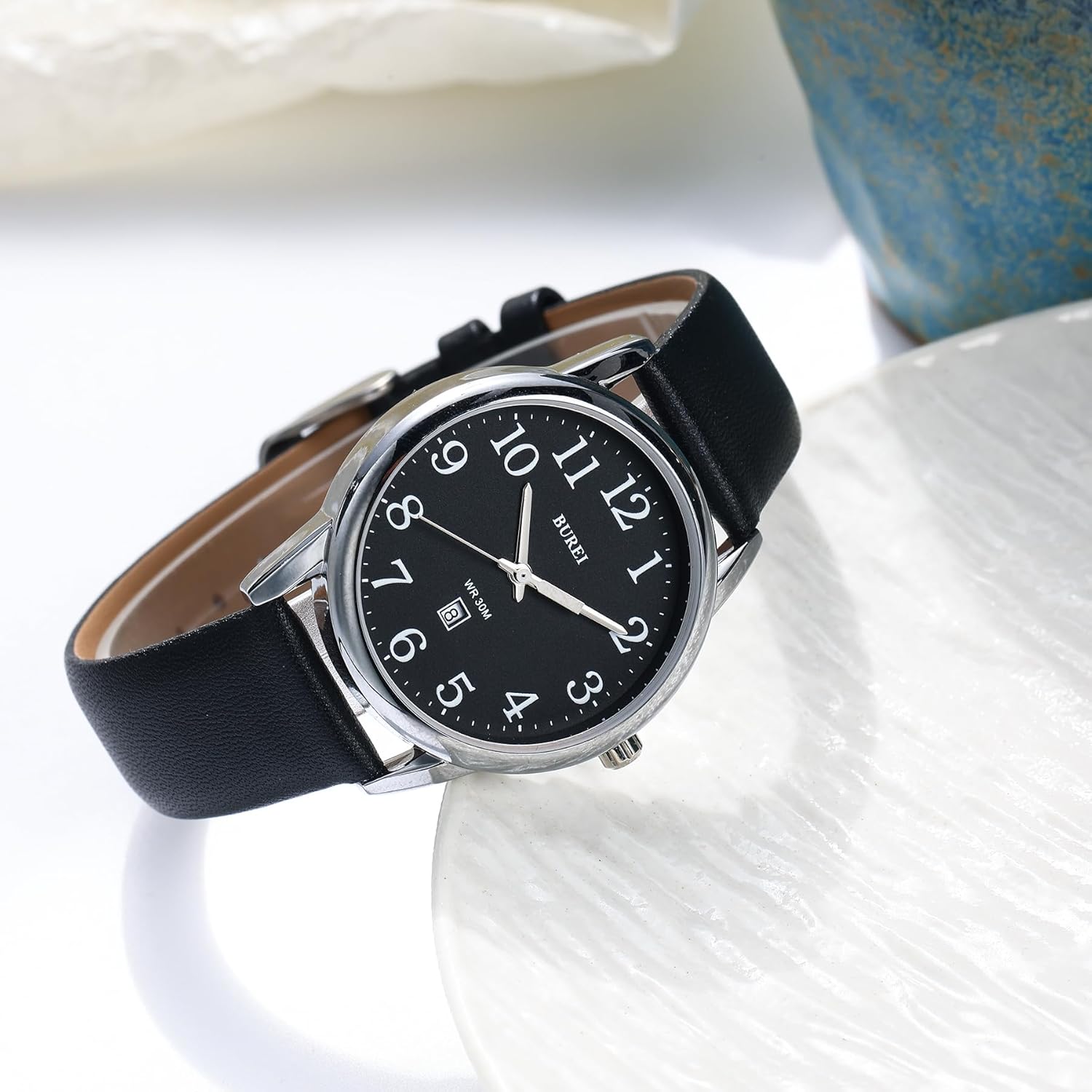 BUREI Women's Black Leather Watches Easy to Read Minimalist Watch for Women and Nurses, Gift for Her(White Face with Luminous) - Image 3