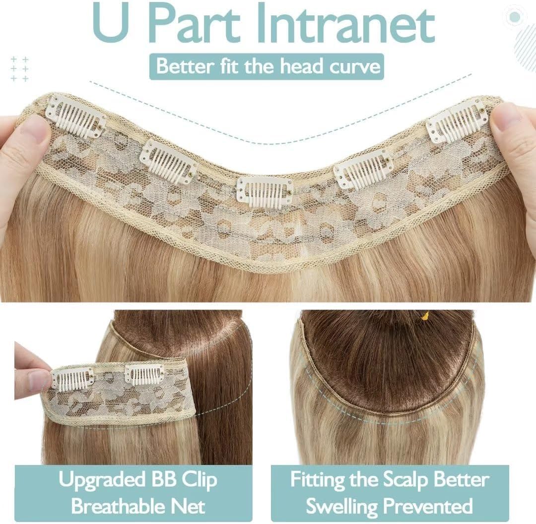 TESS Clip In Hair Extension Blonde,Hair Extensions Real Human Hair One Peice U-Shaped Balayage Straight Hairpieces for Women/Ladies/Girls(#18/613 Ash Blonde & Bleach Blonde,12Inch) - Image 2
