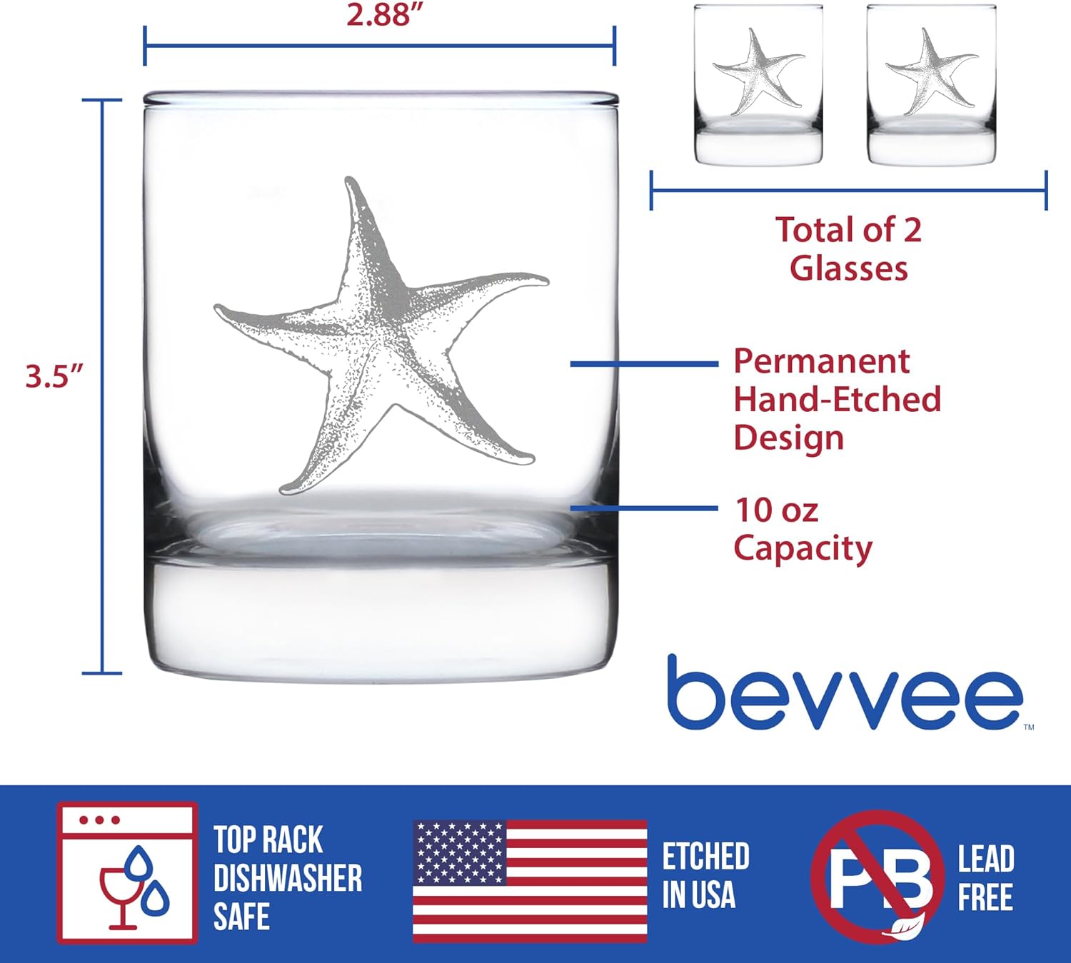 Bevvee Starfish Rocks Glass - Beach Themed Decor and Decorative Ocean Glassware Gifts for Women and Men - Set of 2-10.25 Oz Glasses