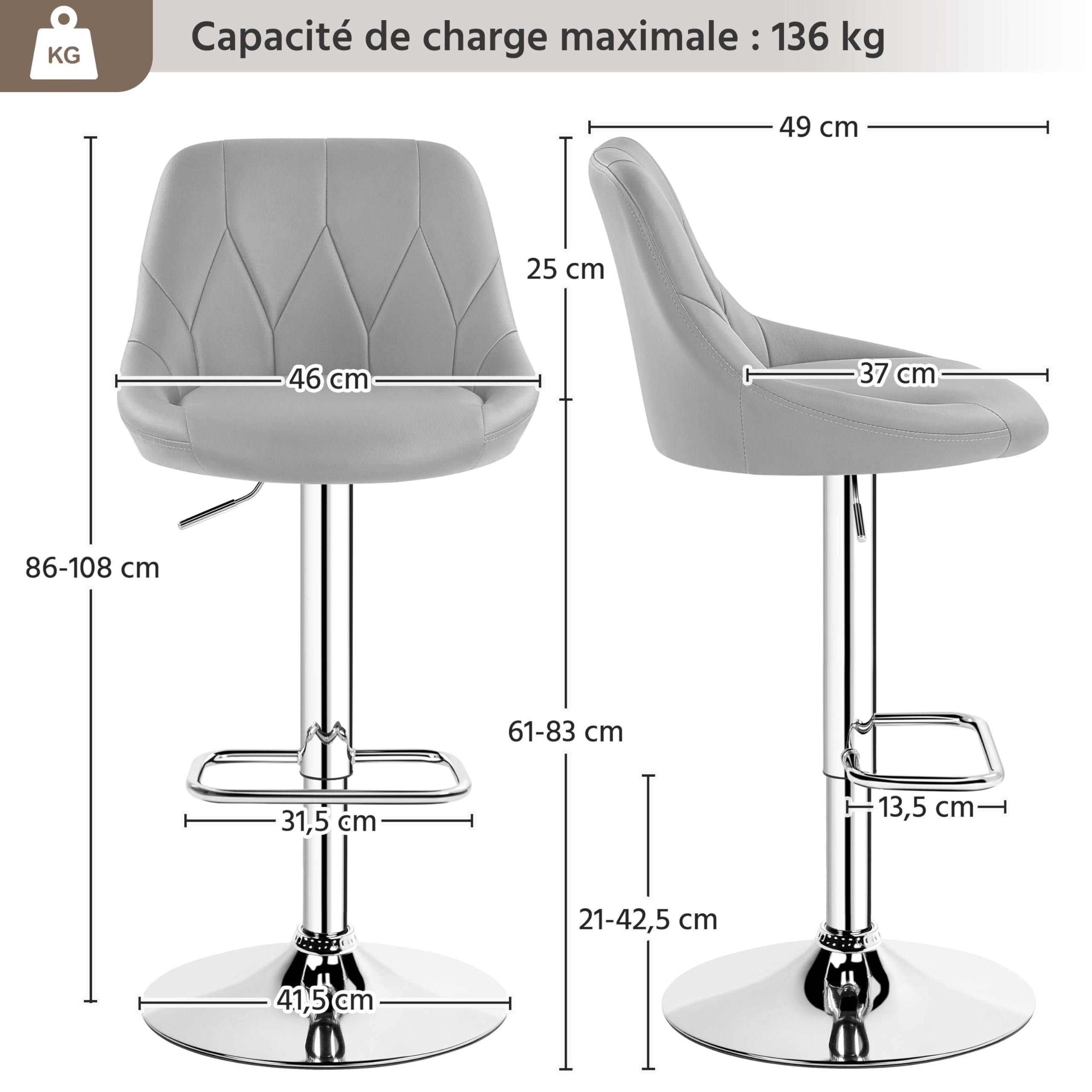 Yaheetech Lot de 4 Tabourets de Bar en Similicuir Hauteur Réglable de 86 cm à 107,5 cm Chaises de Bar Assise Pivotante Repose-Pied Carré Tabourets Hauts Cadre Métallique Galvanisé Gris Clair