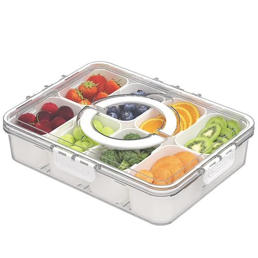Snackle Box Container - Divided Serving Tray with Lid and Handle - Veggie Fruit Snack Tray - Snackle Box Charcuterie Container - Clear Organizer for Food, Snacks, Candy, Fruit for Travel Party Picnic