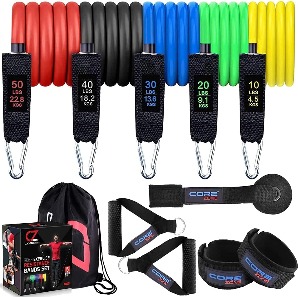 COREZONE Resistance Bands with Handles, Premium Exercise Bands for Workout, Door Anchor, Ankle Straps Fitness Pull Up Bands for Training, Yoga, Physical Therapy, Home/ Outdoor/ Office,11 Set