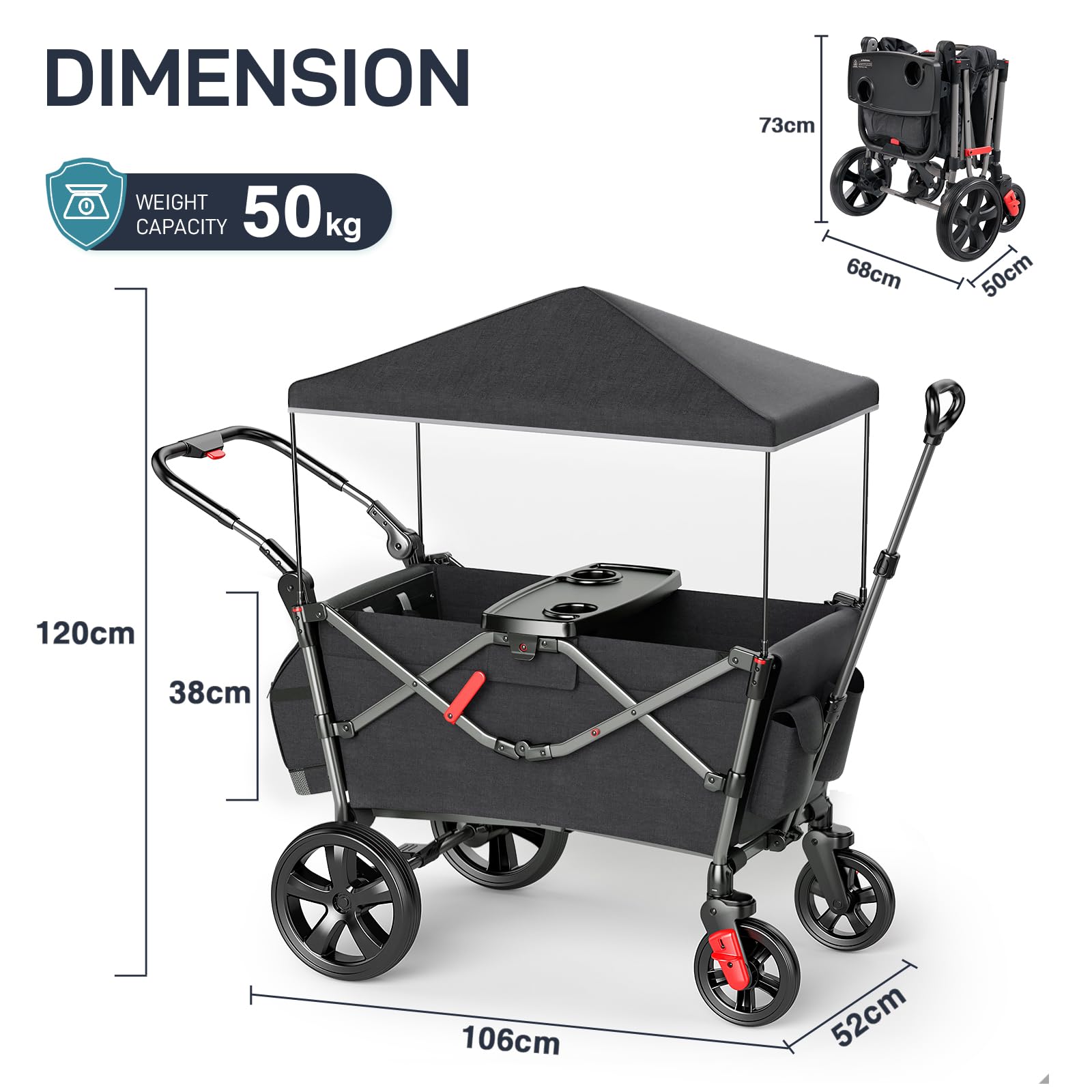 EVER ADVANCED Chariot Pliable pour Enfants avec Toit, Poussette Pliable 2x5 Points Ceinture de Sécurité, avec Sac à Dos, Pull & Push, Frein à Pied, Chariot de Transport Capacité de Poids 50KG