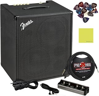 Fender Rumble Stage 800 Bass Guitar Amp 120V, Black Bundle with Pig Hog PCH10BK 10ft Black Woven Instrument Cable, Foot Switch, Power Cable, 12x Fender Guitar Picks and Instrument Polishing Cloth