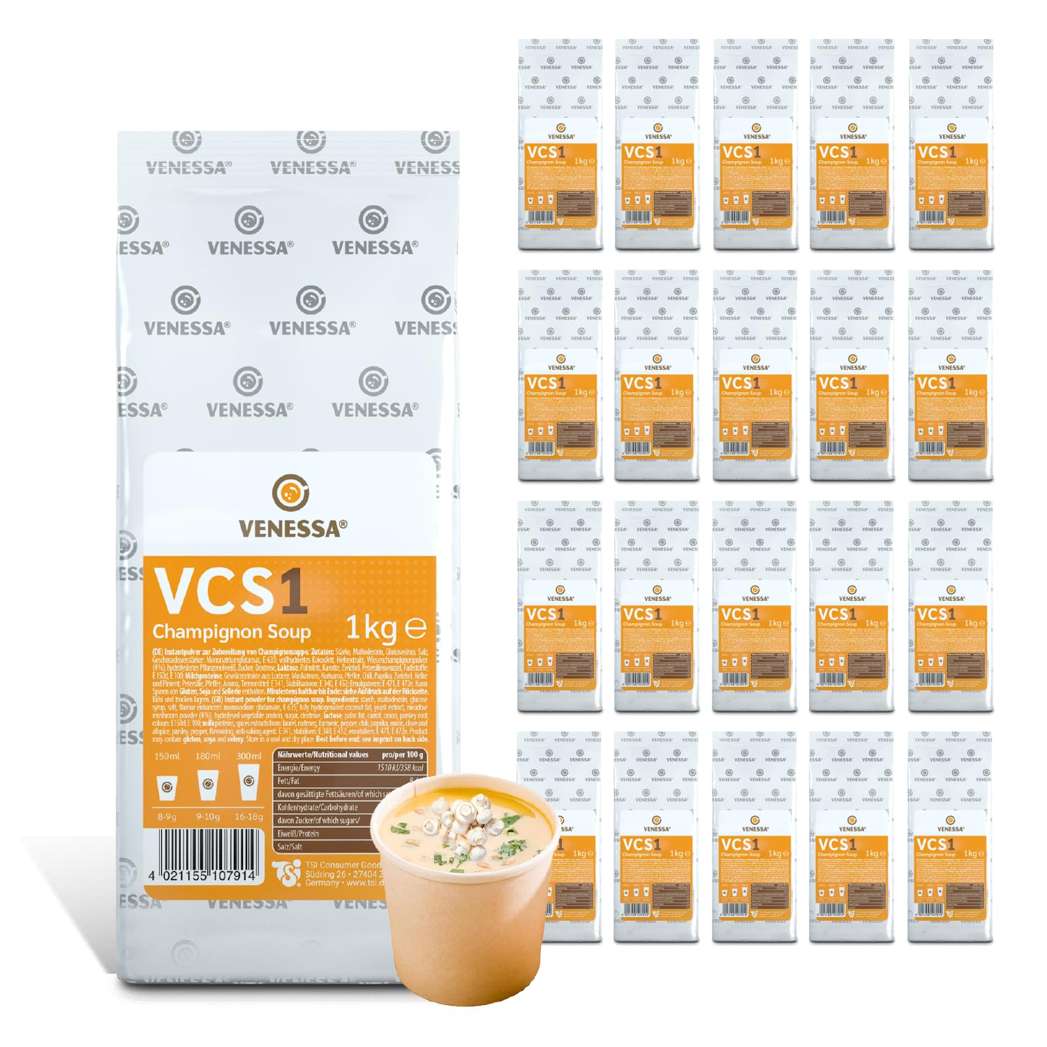 VENESSA VCS 1 zupa pieczarkowa 20 x 1 kg – korzystne opakowanie – kremowa zupa grzybowa wyrafinowana, zaokrąglona z przyprawami do automatów – zupa automatowa – do gastronomii
