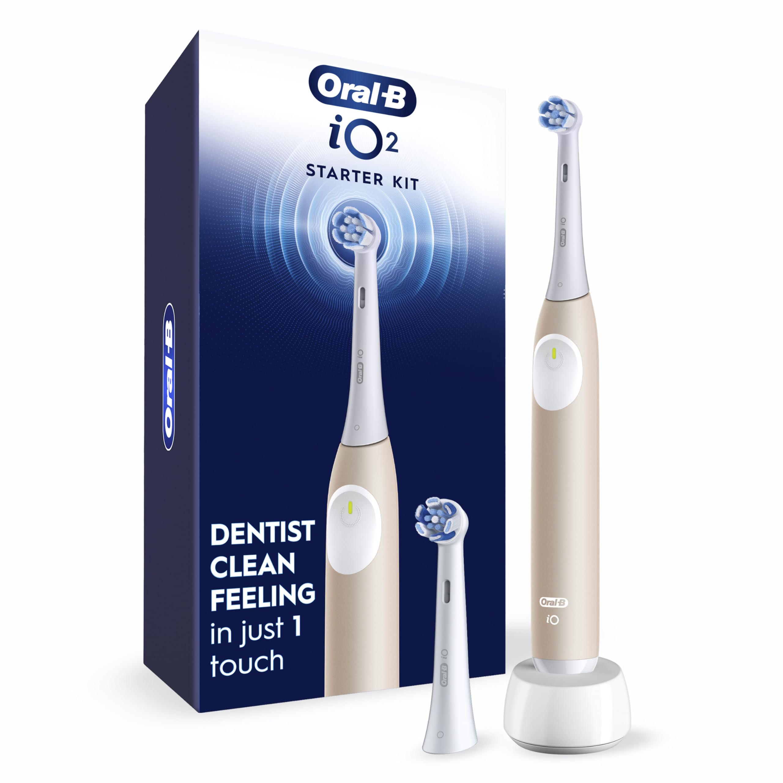 Oral-B iO Series 2 - Kit de inicio de cepillo de dientes eléctrico recargable, melocotón con 2 cabezales de cepillo, sensor de presión automático para proteger las encías, 3 modos, temporizador de 2