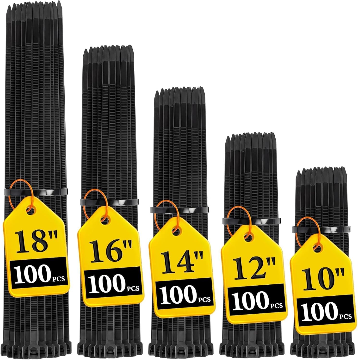 Zip Ties Assorted Size,10+12+14+16+18 Inch,120 LBS Tensile Strength Heavy Duty Cable Wire Ties With Self-Locking Adjustable More Durable Nylon Tie Wraps for Indoor Outdoor（500 Pack）