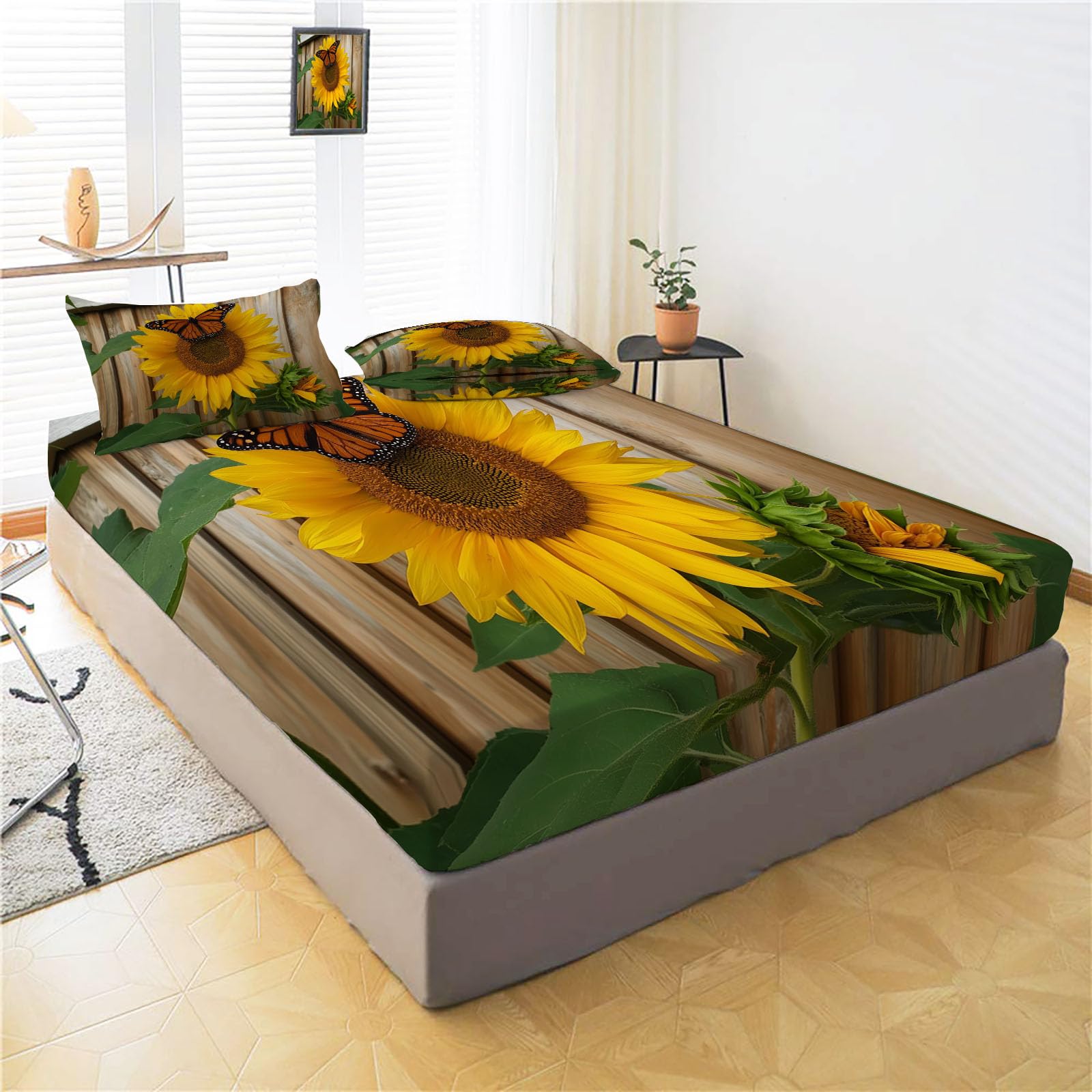 Sábanas 200X190/200Cm - Juego De Sábanas 3 Piezas Estampadas Mariposa Girasol - Microfibra Suave Transpirable - Sábana Bajera Ajustable - Ropa De Cama Plantas Del Campo (Bronceado)
