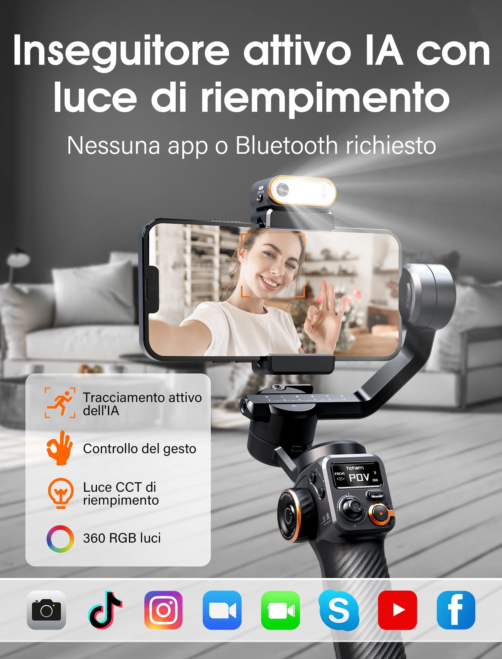 hohem iSteady M6 Kit Stabilizzatore Smartphone, Gimbal a 3 Assi Aggiornato, Tracker Magnetico AI con Luce CCT/RGB Regolabile, 0,91 Pollici Display, Max. Carico Utile 400g, per YouTube/Vlog