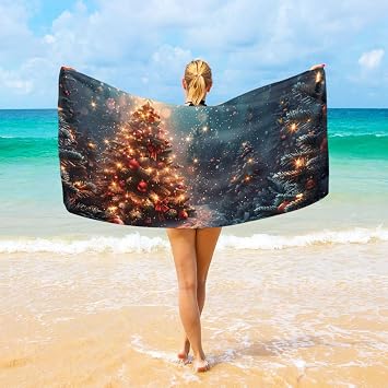 Large Beach Towel Snowy Christmas Tree Forest 74L x 37W, Fashion Design, Sand Proof, Microfiber Thin, Lightweight - Fit for Swimming Pool Camping Beach Yoga