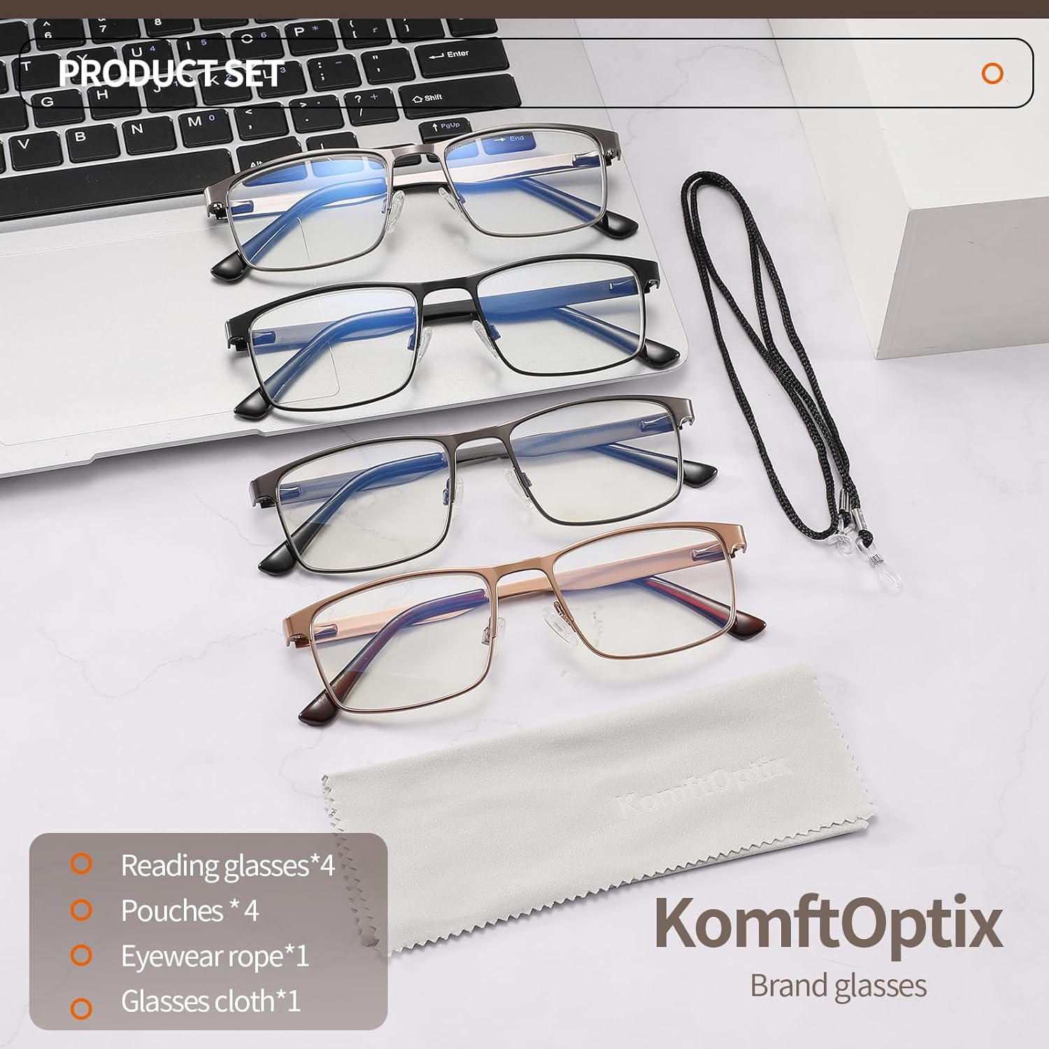 4 Pack Metal Reading Glasses Blue Light Blocking Full Rim Spring Hinges Classic Men & Women