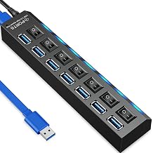 Retoo USB Hub 3.0 7 Port USB Splitter 5 Gbps Data Hub with Separate Switch Power Supply Port with Single LED Power Switch Compatible with Laptop PC and Other USB Devices