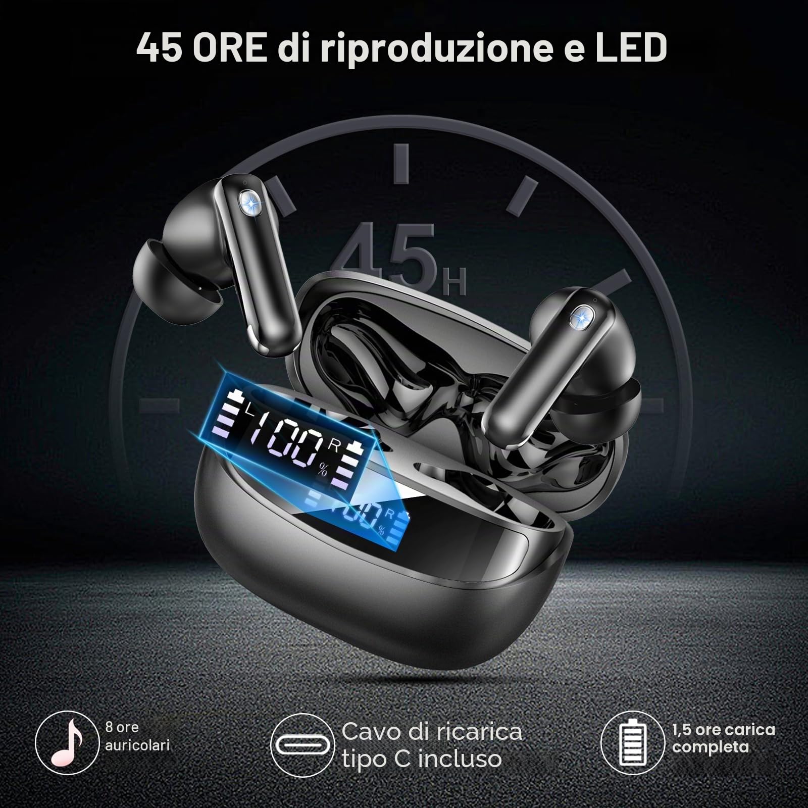 Cuffie Bluetooth, Auricolari Bluetooth 5.4 con 4 HD Mic, Cuffiette Bluetooth Stereo HiFi, 45 Ore Cuffie Wireless In Ear con LED Display, ENC Cancellazione Rumore, IP7 Impermeabili, Touch Control