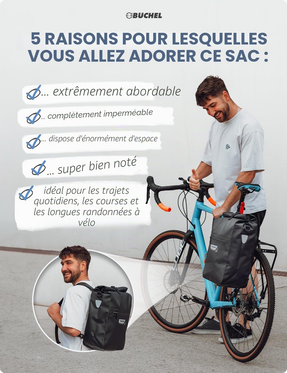 Büchel 3in1 Sacoche de vélo pour Porte-Bagages, utilisable comme Sac à Dos, Sac à bandoulière ou Sacoche de Porte-Bagages | Sacoche de vélo imperméable et réfléchissante
