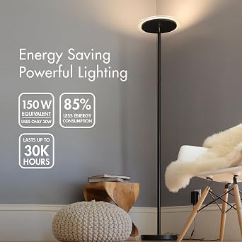 Tenergy Modern Torchiere Floor Lamp, 3000L LED, 30W, Remote Control, Touch Dimmer, 90 Adjustable, Warm White