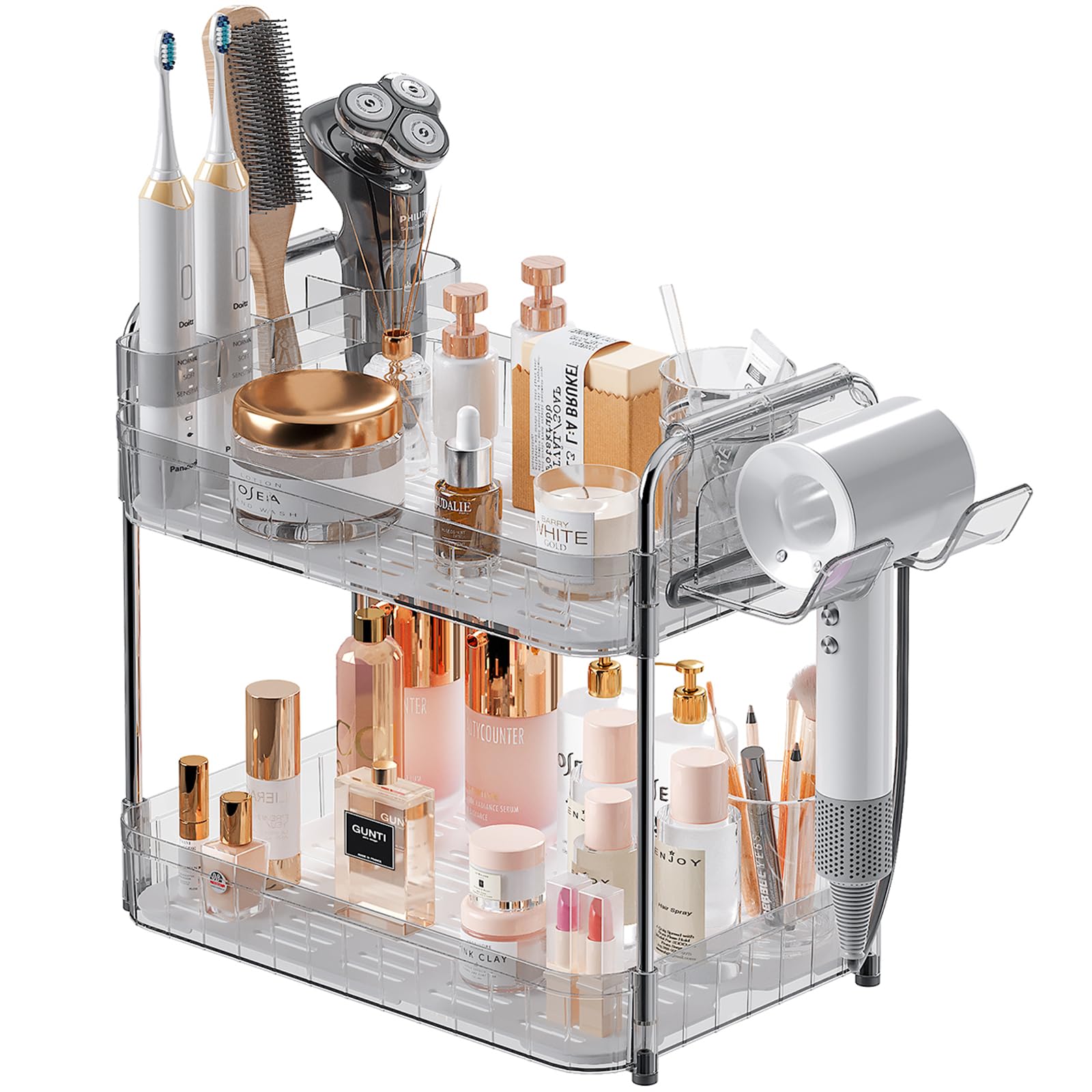 AmzAge Bathroom Counter Organizer, 2 Tier Makeup Skincare Storage Tray with Hair Dryer Holder and Toothbrush Rack, Perfume Organizer Vanity Shelf for