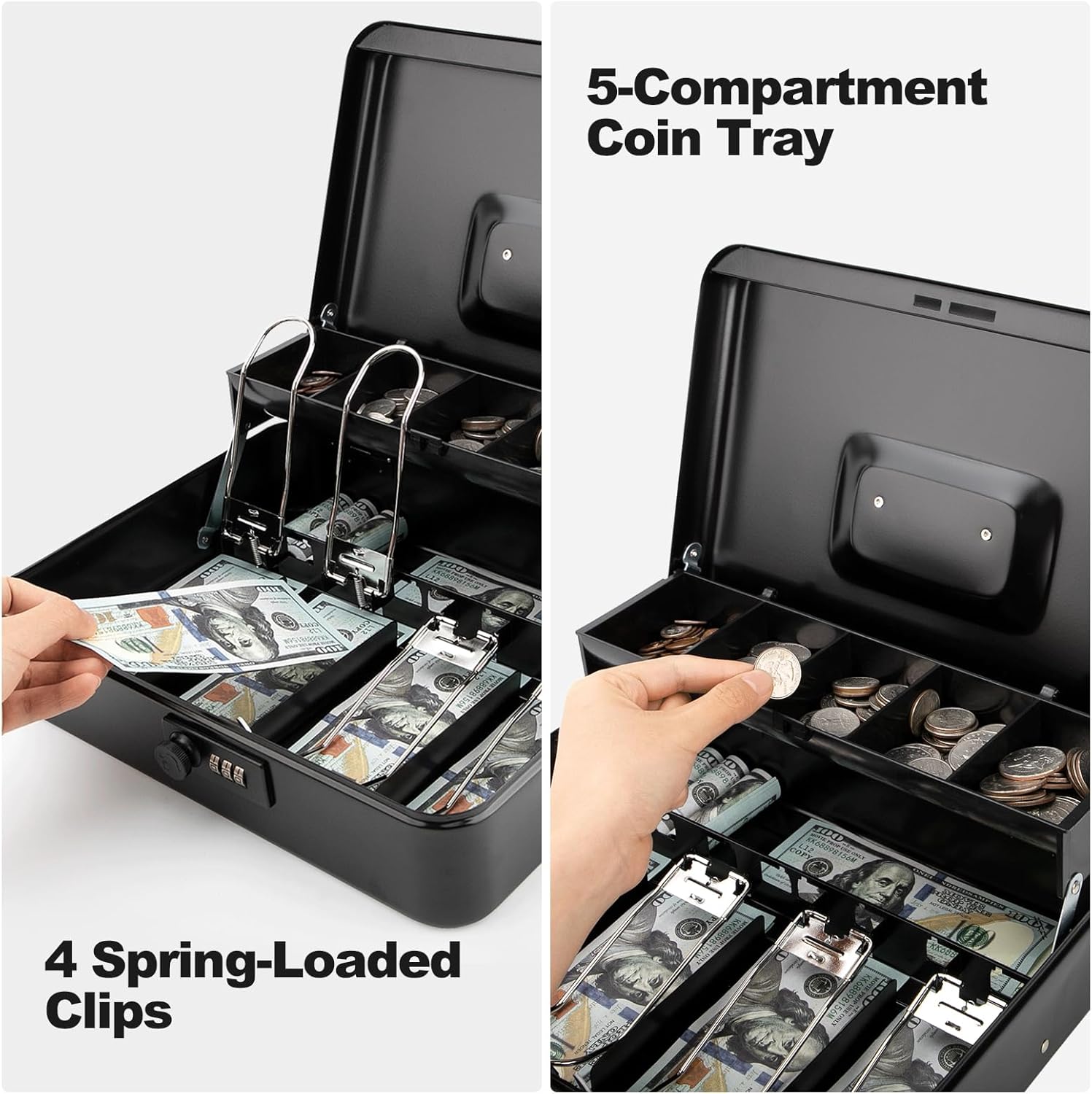 Cash Box with Money Tray and Lock - Secure Money Box for Cash, Metal Lock Box with Combination, Portable Money Saving Organizer for Home Office Business, 11.8"L x 9.5"W x 3.5"H, Combo Black