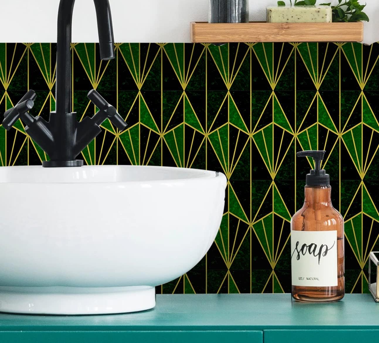 20pcs Black Gold Green Blue Grey Art Deco Mosaic Tile Stickers Modern Wall Art Room Decor Bathroom Kitchen Peel and Stick self Adhesive Vinyl Cover