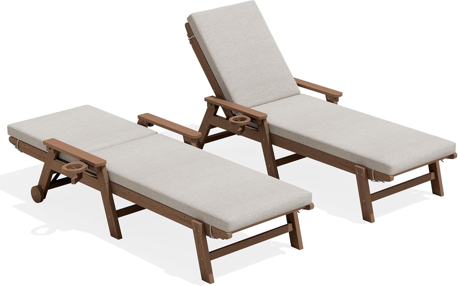 SERWALL Outdoor Chaise Lounge Set of 2 with Cushions Set, 78'' Long HDPE Lounge Chairs with Cup Holder & Rolling Wheels