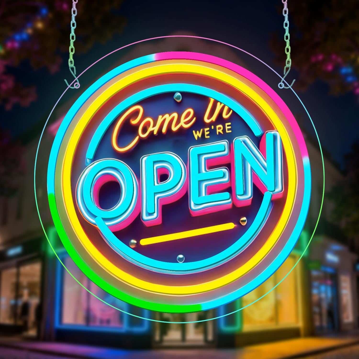 Neon Open Sign for Business, 13 * 13'' Colorful Adjustable Brightness Come in We’re Open Sign for Business Walls Window Party Bar Salon Shop Hotel