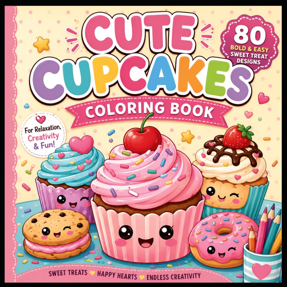 Cute Cupcakes Coloring Book: 80 Adorable Dessert Pages for Stress Relief and Creative Coloring