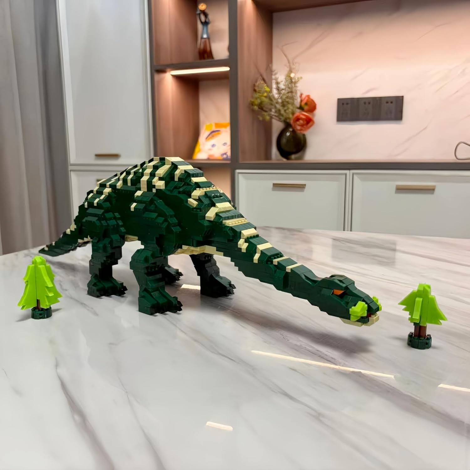 Stress Relief Dinosaur Building Kit: Green Tanystropheus Micro Mini Blocks - 18 inch Realistic Triassic Long-Neck Dino, Adult Assembly Toy, Stylish Home Decor & Prehistoric Gift