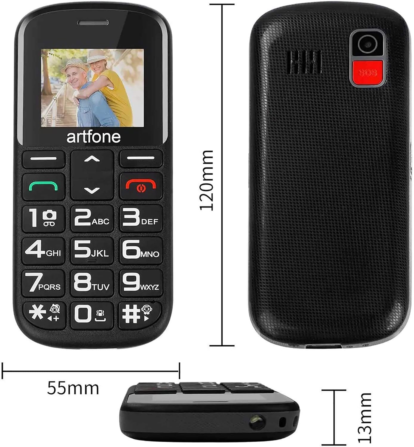 Artfone CS182 phone with dimensions labeled: 120mm height, 55mm width, 13mm thickness